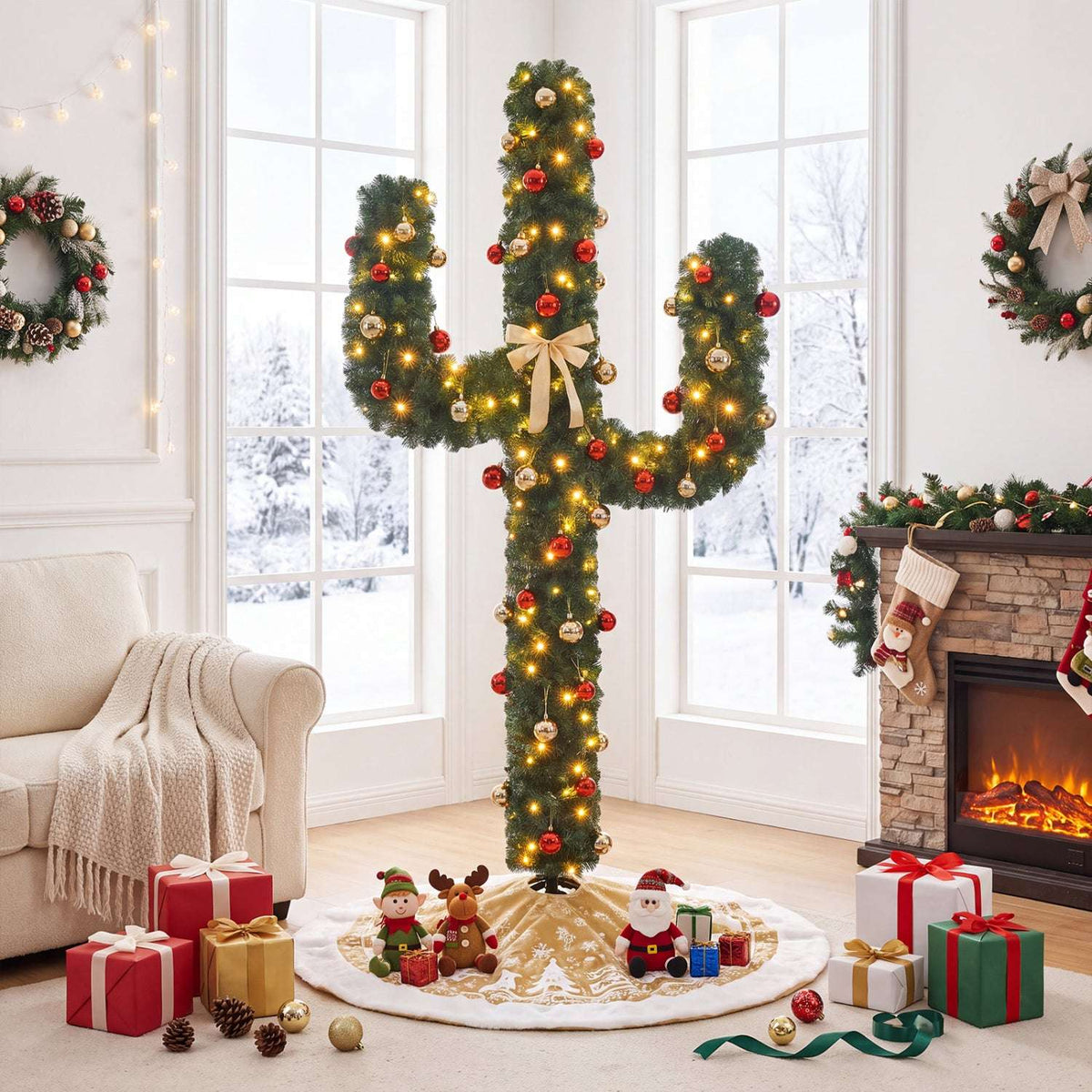 Decorated artificial cactus Christmas tree with LED lights, red ornaments, and a cream bow