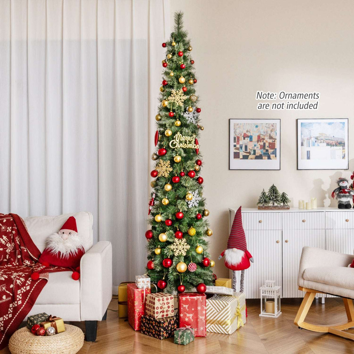 Decorated pencil Christmas tree with red and gold ornaments and warm white lights