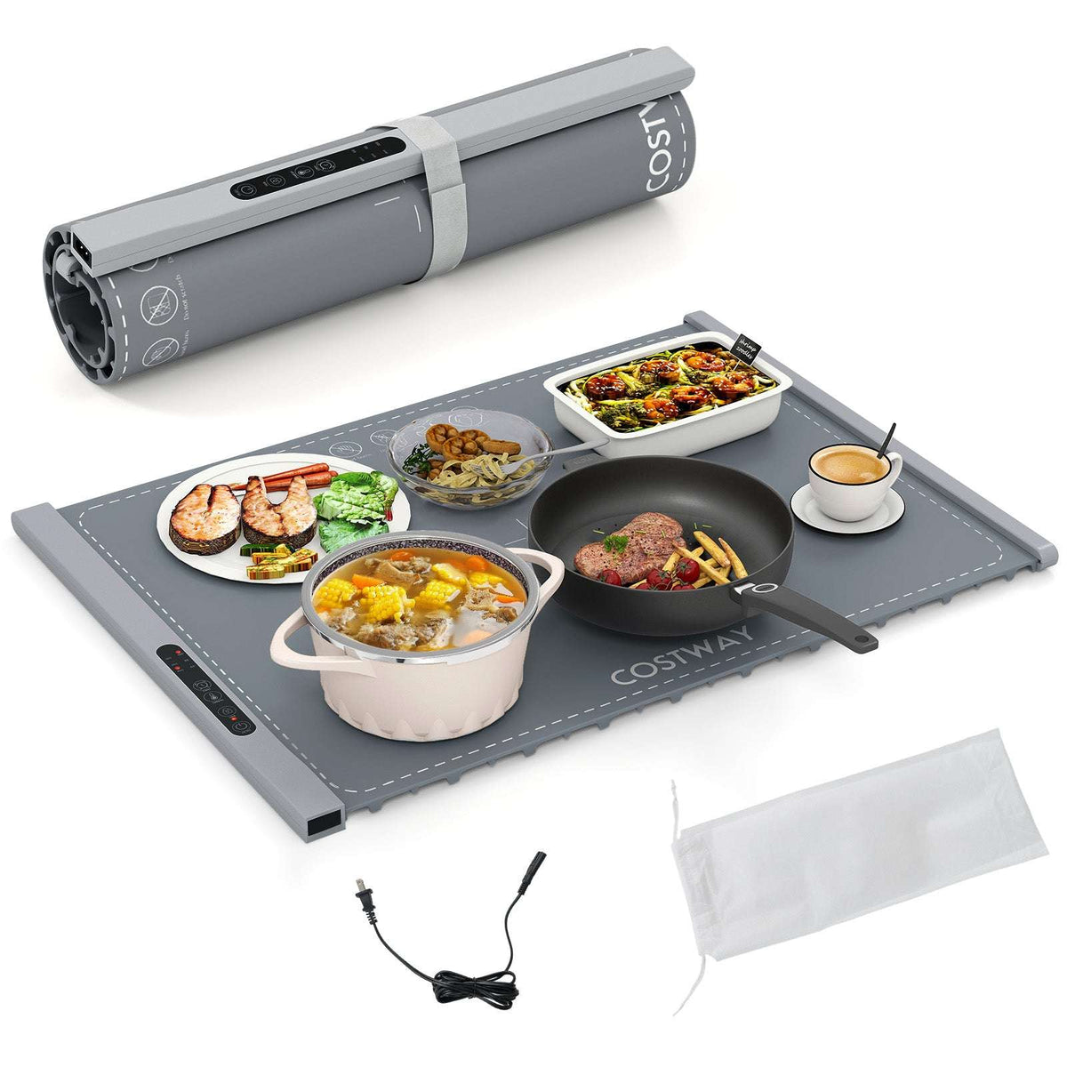 Gray roll-up electric food warming mat with strap, cord, storage bag, and serving dishes