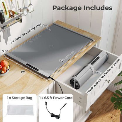 Gray electric food warming mat, rolled mat, fastening strap, storage bag, and power cord