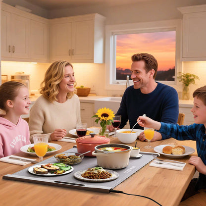 Gray electric food warming mat spread across a table beneath serving dishes