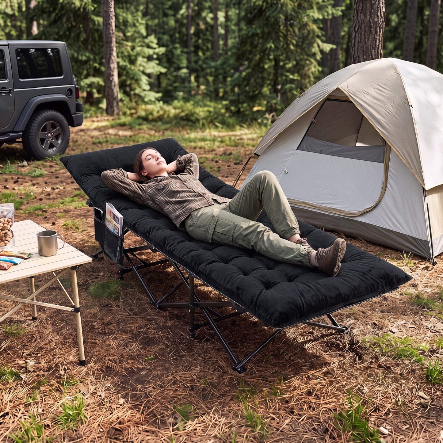Camping Cot for Adults | Crystal Velvet Padded Mat | 330 lb Capacity | No Assembly | Navy or Dark Gray