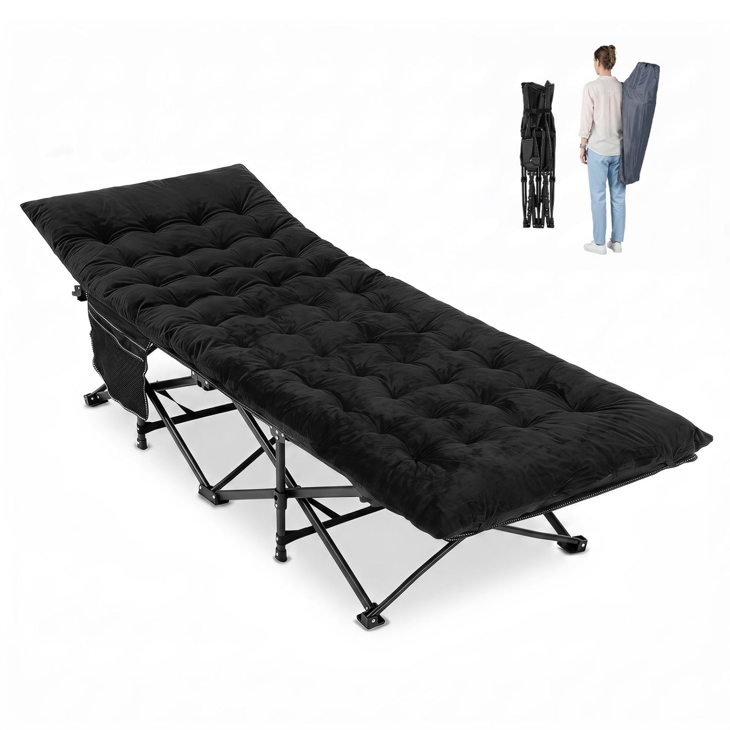 Camping Cot for Adults | Crystal Velvet Padded Mat | 330 lb Capacity | No Assembly | Navy or Dark Gray