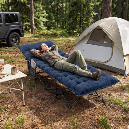 Camping Cot for Adults | Crystal Velvet Padded Mat | 330 lb Capacity | No Assembly | Navy or Dark Gray