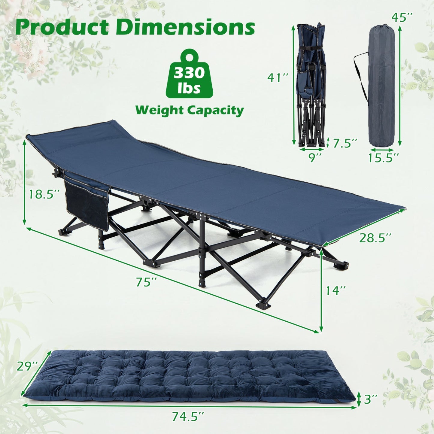Camping Cot for Adults | Crystal Velvet Padded Mat | 330 lb Capacity | No Assembly | Navy or Dark Gray