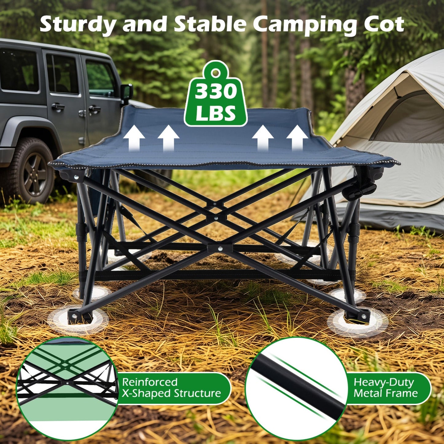 Camping Cot for Adults | Crystal Velvet Padded Mat | 330 lb Capacity | No Assembly | Navy or Dark Gray