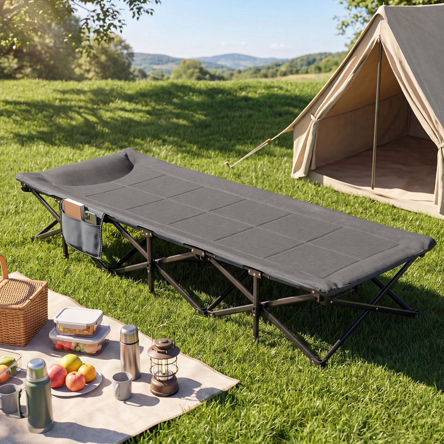 Camping Cot with Padded Headrest & Storage Pouch | 600 lb Capacity | 10-Second Setup | Gray