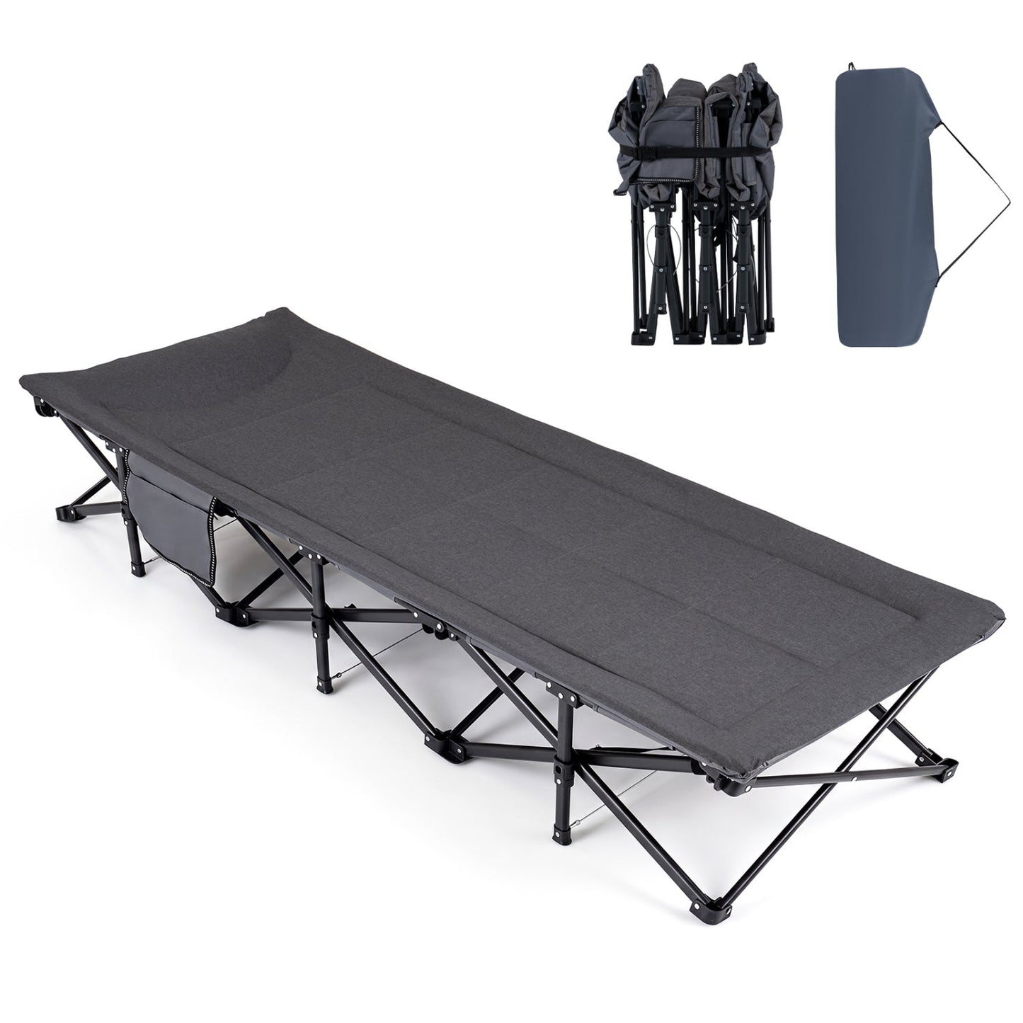 Camping Cot with Padded Headrest & Storage Pouch | 600 lb Capacity | 10-Second Setup | Gray