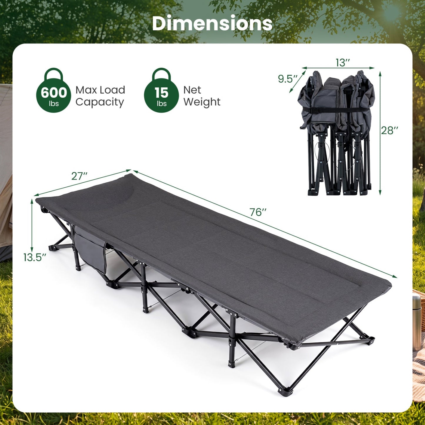 Camping Cot with Padded Headrest & Storage Pouch | 600 lb Capacity | 10-Second Setup | Gray
