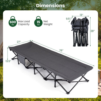 Camping Cot with Padded Headrest & Storage Pouch | 600 lb Capacity | 10-Second Setup | Gray