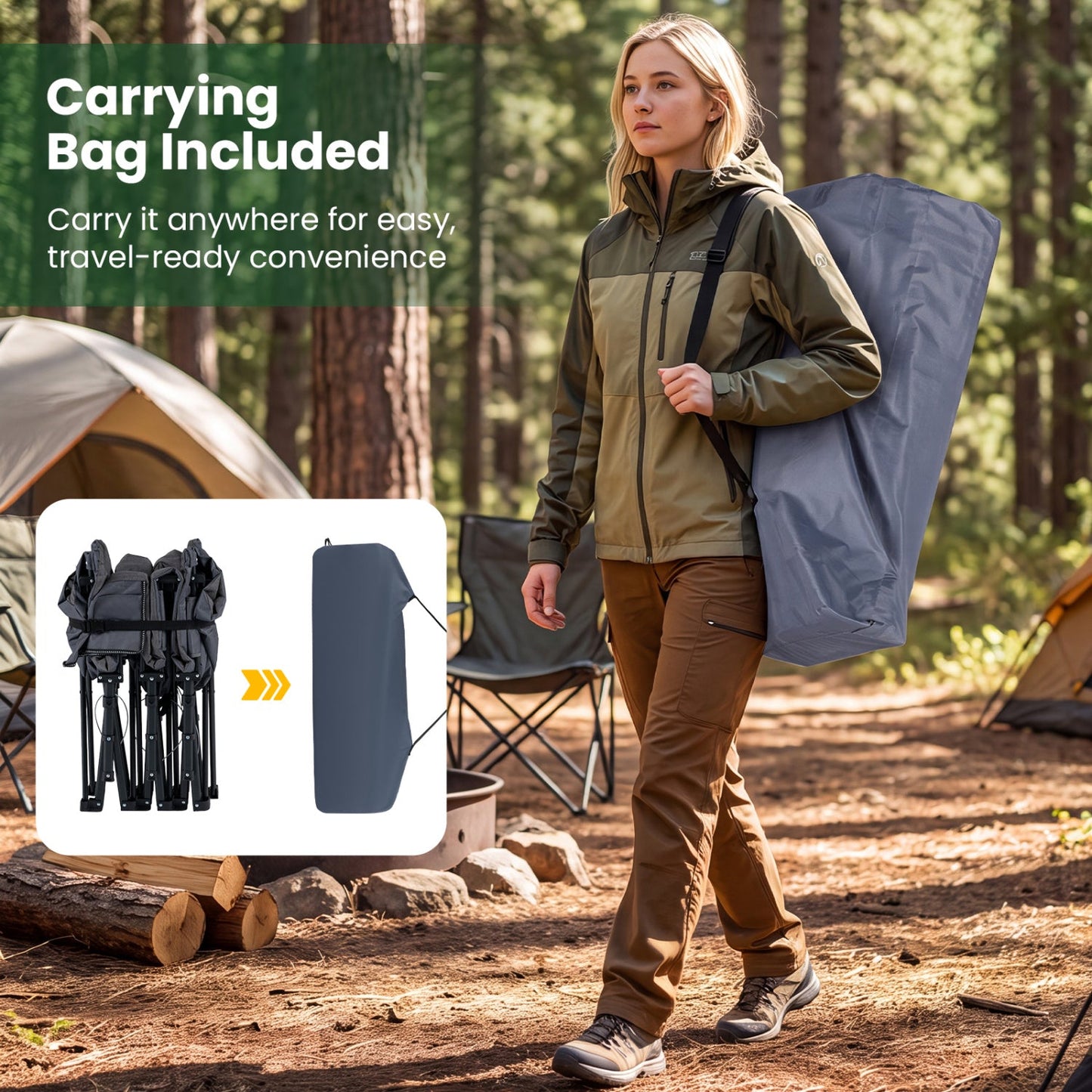 Camping Cot with Padded Headrest & Storage Pouch | 600 lb Capacity | 10-Second Setup | Gray
