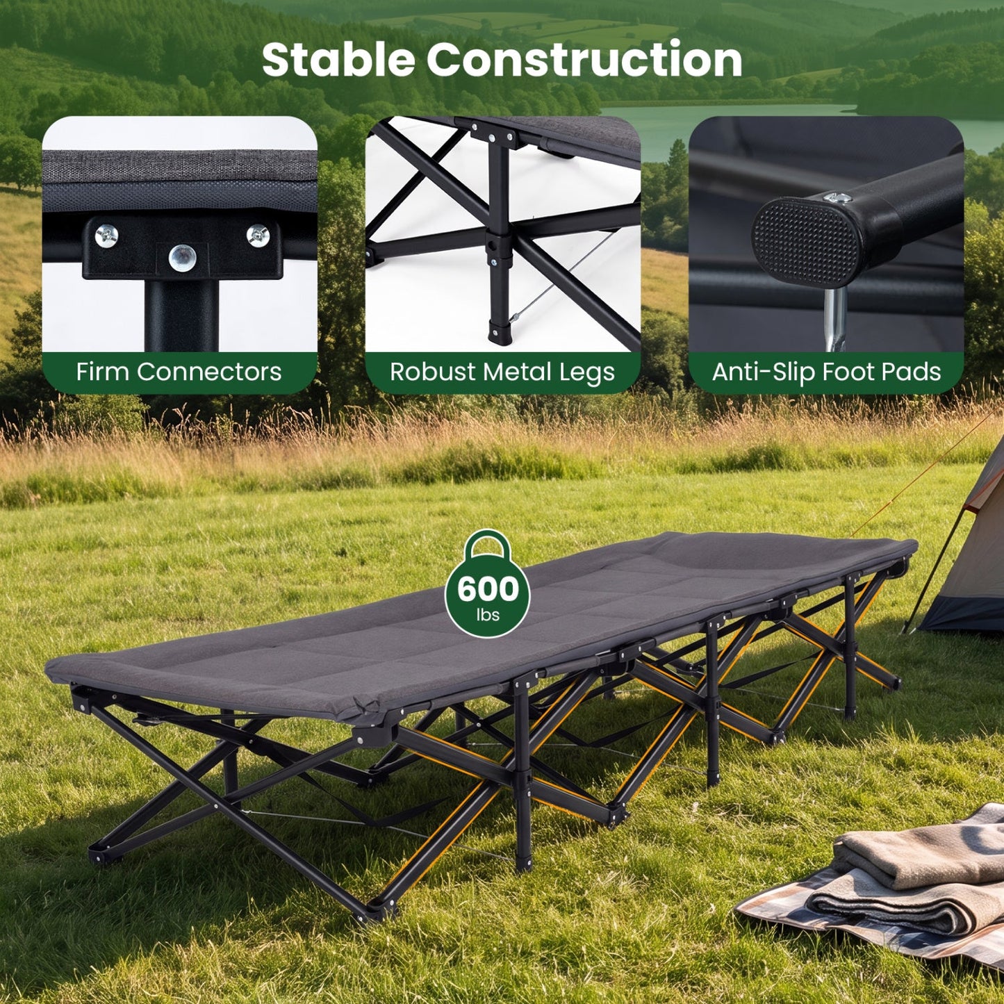 Camping Cot with Padded Headrest & Storage Pouch | 600 lb Capacity | 10-Second Setup | Gray