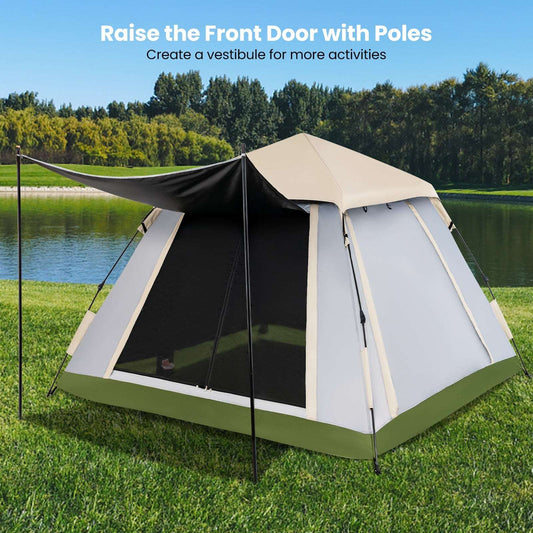 2-4 person instant pop-up camping tent with dark interior and front door opening