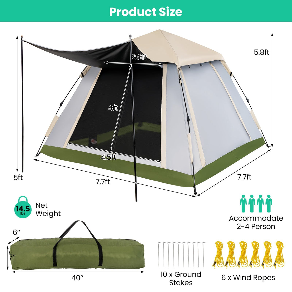 2-4 Person Instant Pop-Up Camping Tent with Removable Rainfly