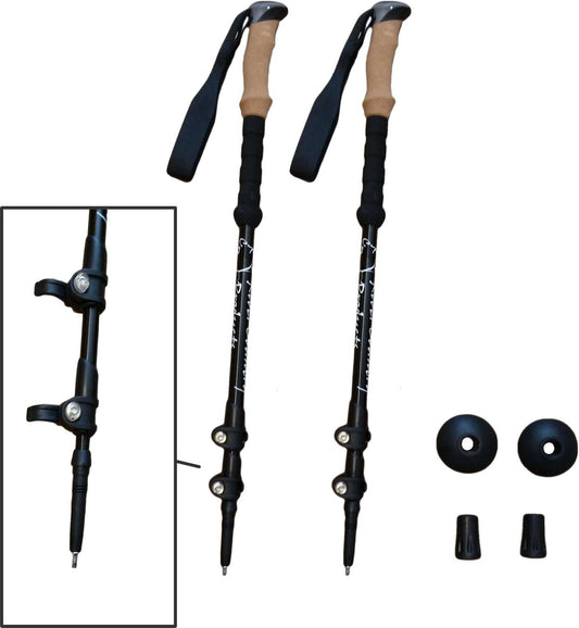 Pair of black adjustable trekking poles with wrist straps and folding sections