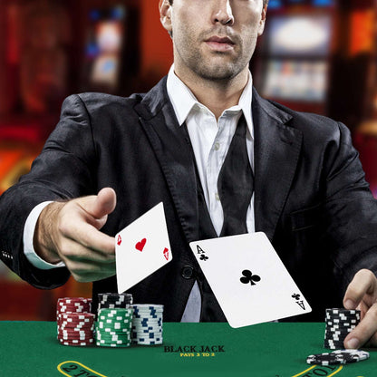 Poker chip set on green felt with playing cards and stacked casino-style chips