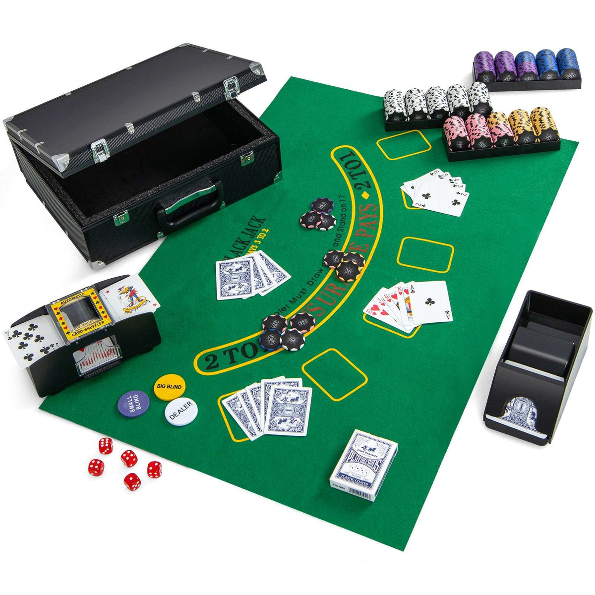 Poker chip set in black storage case with chips, playing cards, and dice on felt