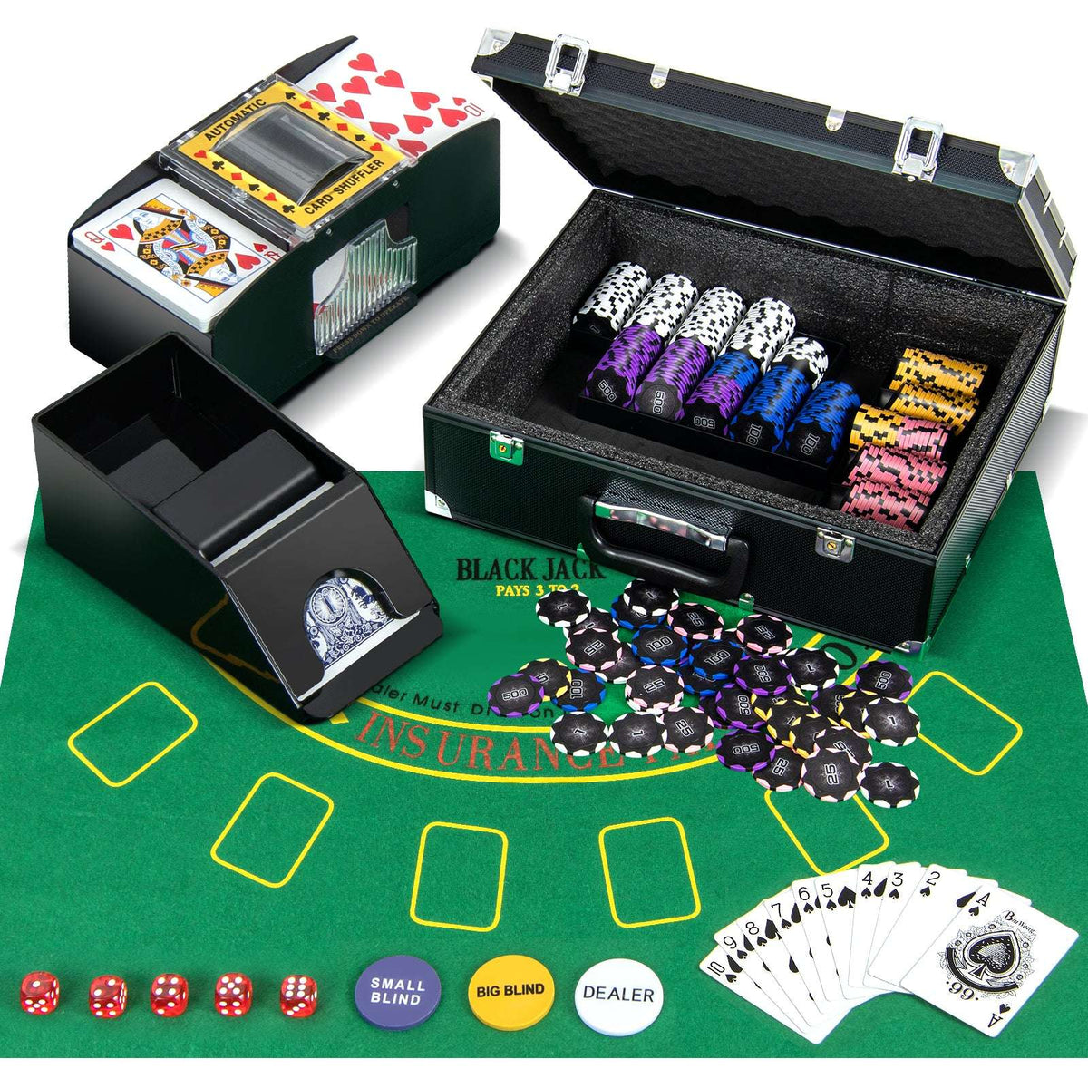 Poker chip set with open case showing black, purple, and multicolor chips and dice