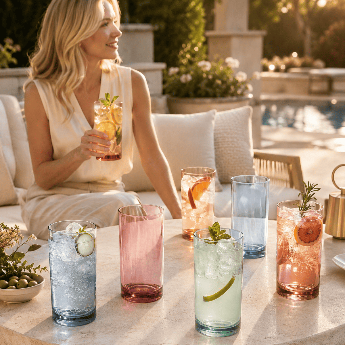 Assorted acrylic highball glasses on patio table, with ice and citrus, pink, blue, amber