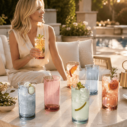 Assorted acrylic highball glasses on patio table, with ice and citrus, pink, blue, amber