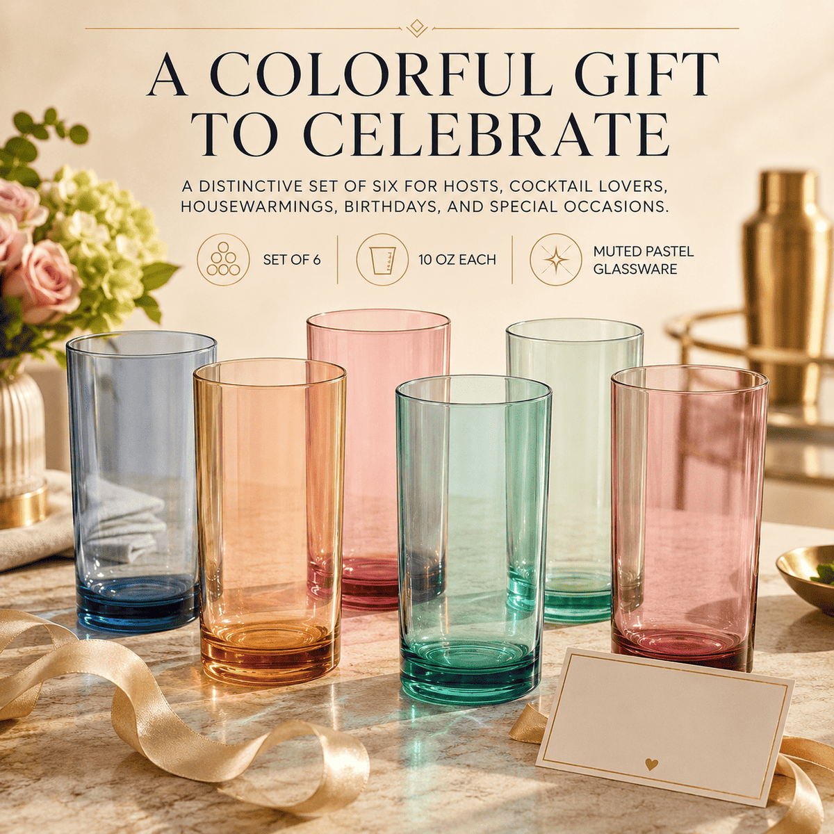 Set of 8 acrylic highball glasses, pastel blue, green, pink, orange, clear