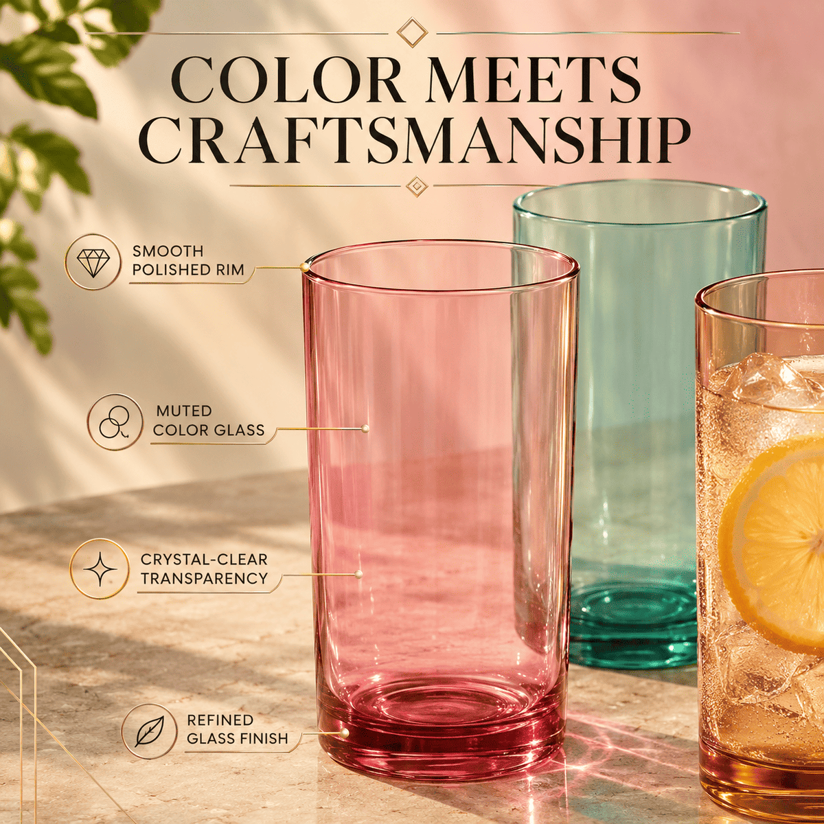 Pastel acrylic highball glasses with clear rims, pink, green, and amber tones, transparent