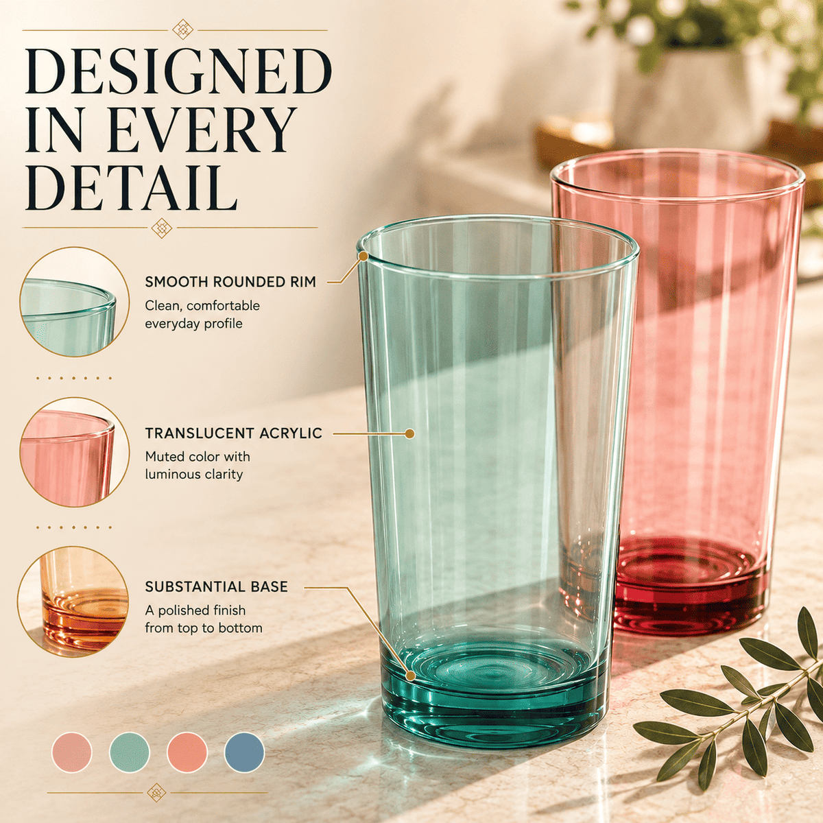 Acrylic highball glass with smooth rounded rim and substantial base, translucent pastel colors
