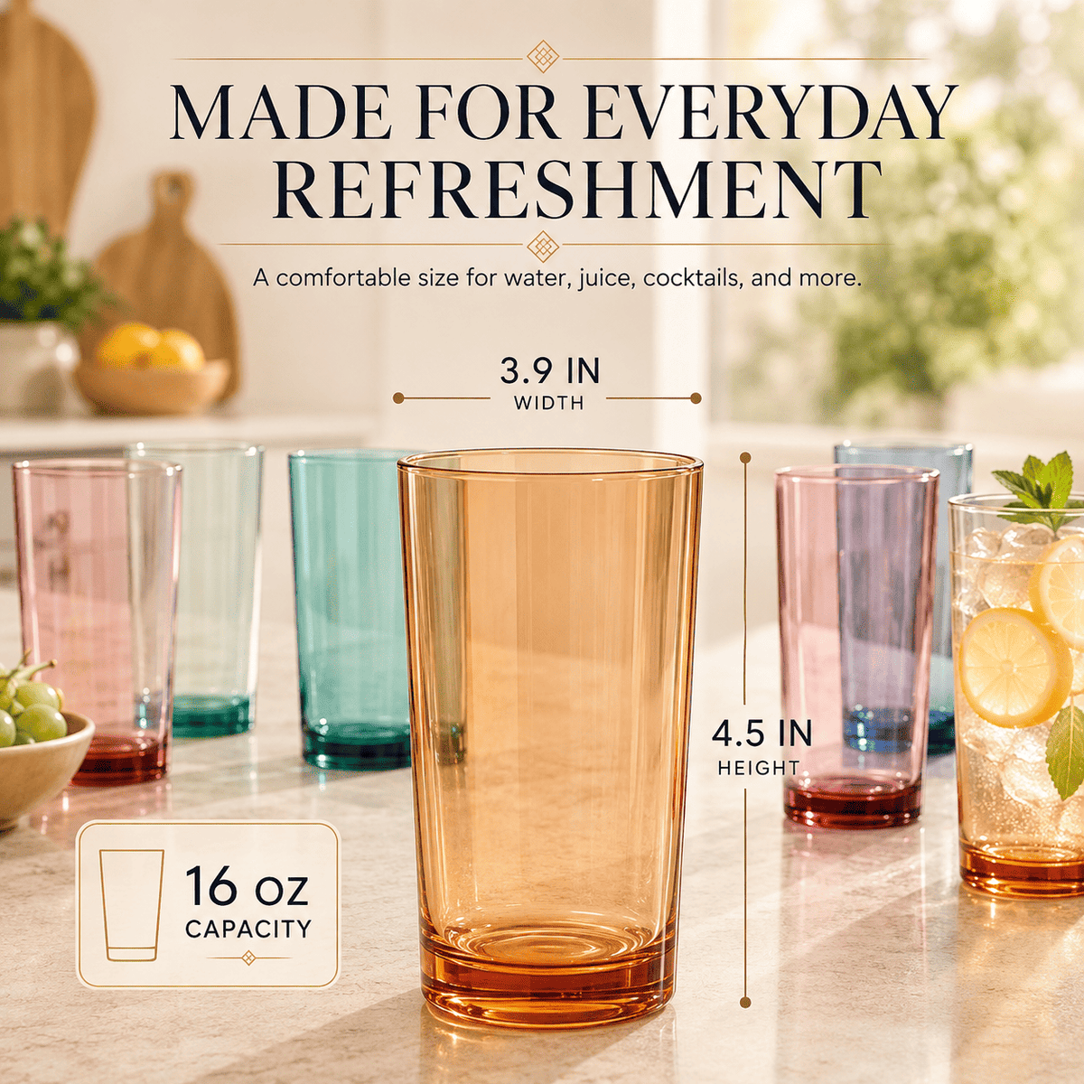 Tall acrylic highball glasses in amber and pastel tones, smooth rim and flat base
