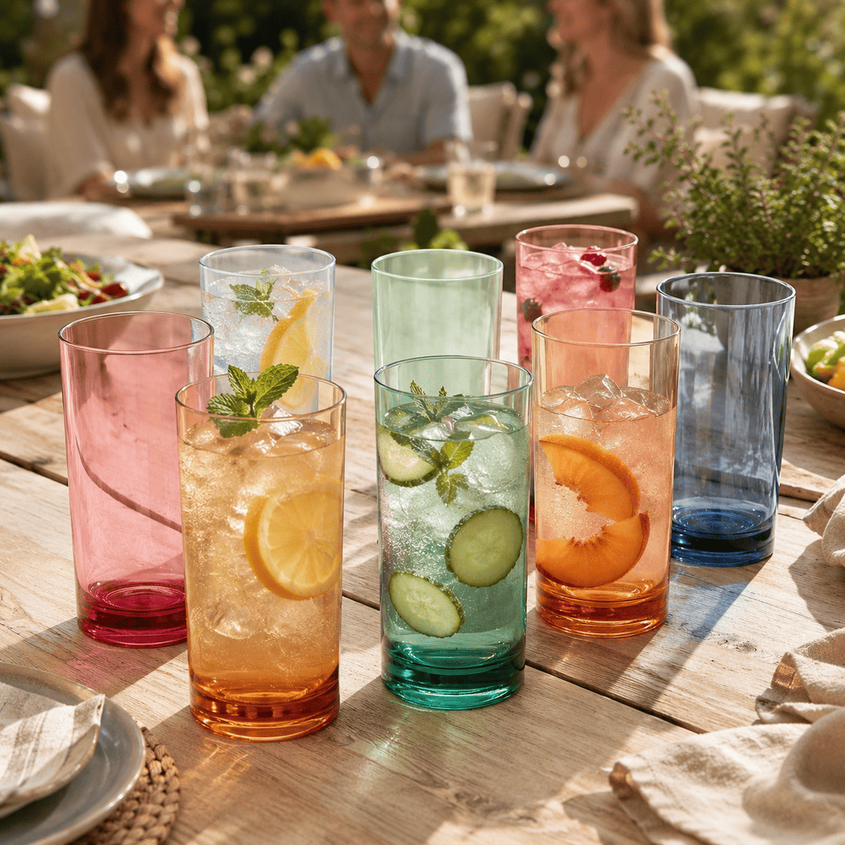 Assorted acrylic highball glasses with ice, citrus slices, and mint sprigs on table