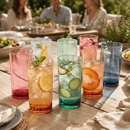 Assorted acrylic highball glasses with ice, citrus slices, and mint sprigs on table