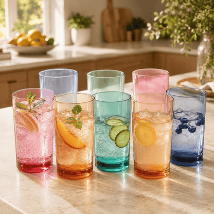 Set of colored acrylic highball glasses with fruit ice cubes and herbs, mixed pastel shades