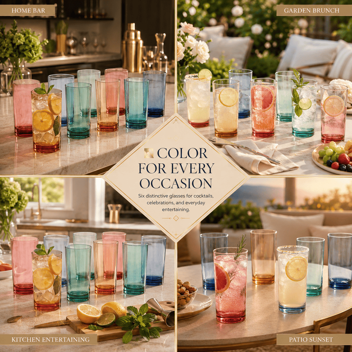 Party bar display of colored acrylic highball glasses with citrus garnishes, assorted tones