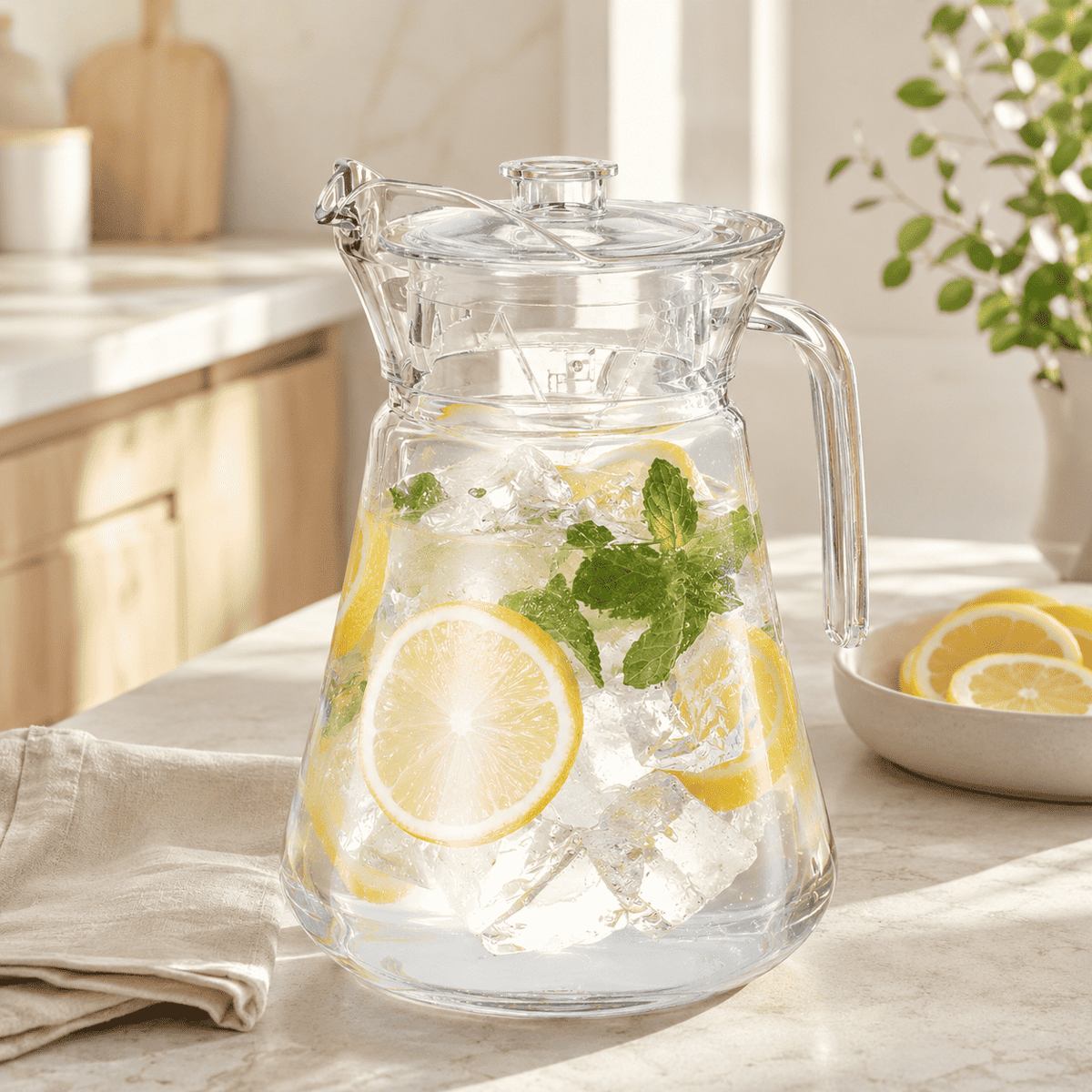 Clear acrylic pitcher with lid, close-up with lemon slices, mint leaves, and ice.