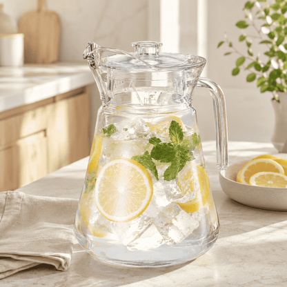 Clear acrylic pitcher with lid, close-up with lemon slices, mint leaves, and ice.