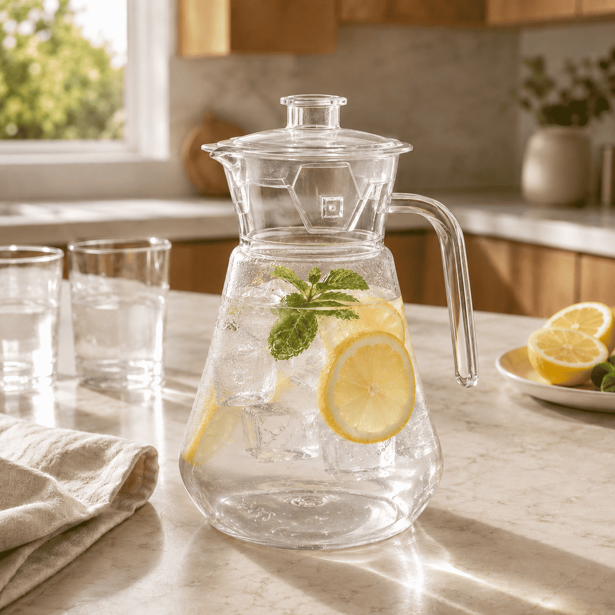 Clear acrylic pitcher with lid, containing amber citrus drink with lemon slice and mint.