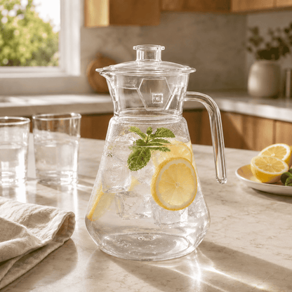 Clear acrylic pitcher with lid, containing amber citrus drink with lemon slice and mint.