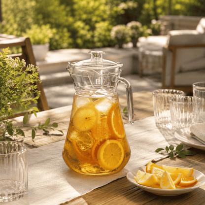 Clear acrylic pitcher with lid, filled with amber citrus water and lemon slices.