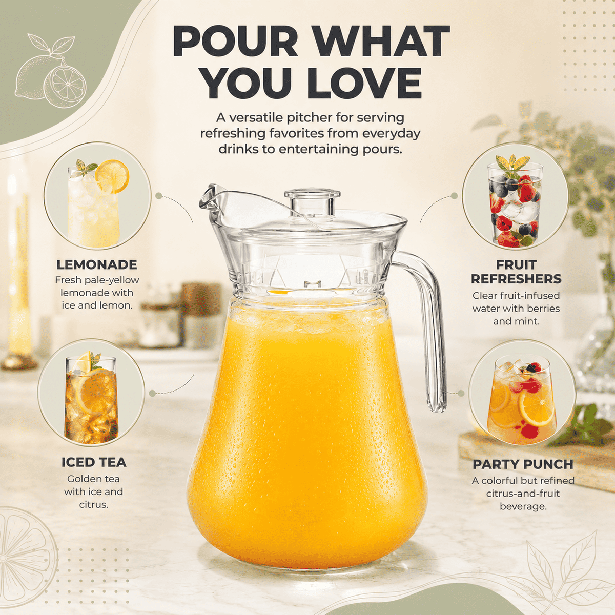 Clear acrylic pitcher with lid, filled with orange-yellow citrus drink and lemon slices.