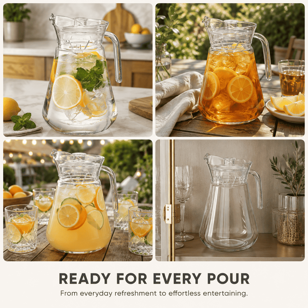 Clear acrylic pitcher with lid, featuring lemon slices and mint leaves inside.