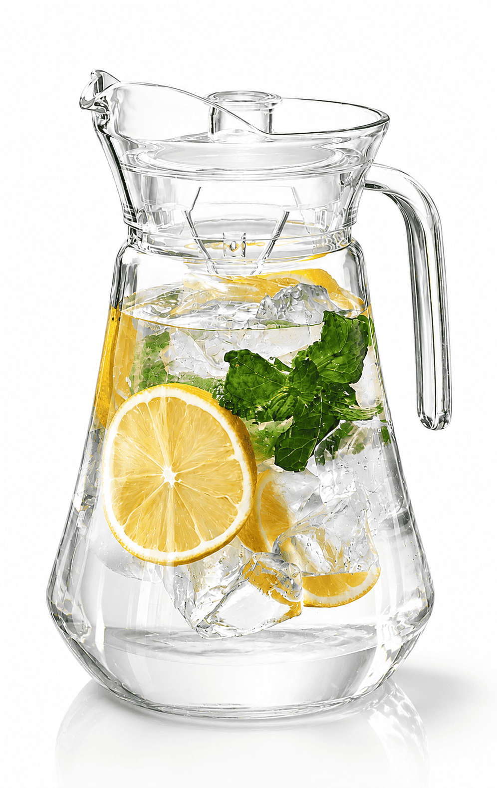 Clear acrylic pitcher with lid, filled with lemon slices and mint leaves.
