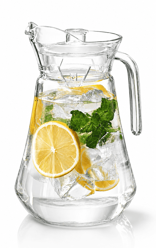 Clear acrylic pitcher with lid, filled with lemon slices and mint leaves.