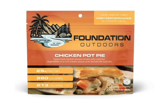Freeze-dried chicken pot pie meal pouch, Foundation Outdoors, front package view