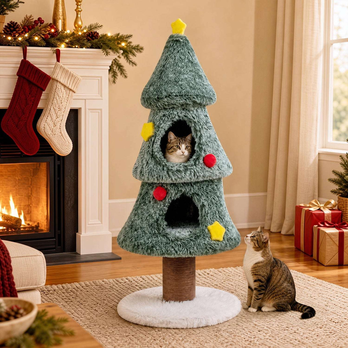 Christmas cat tree with two condos, a sisal scratching post, and a round base