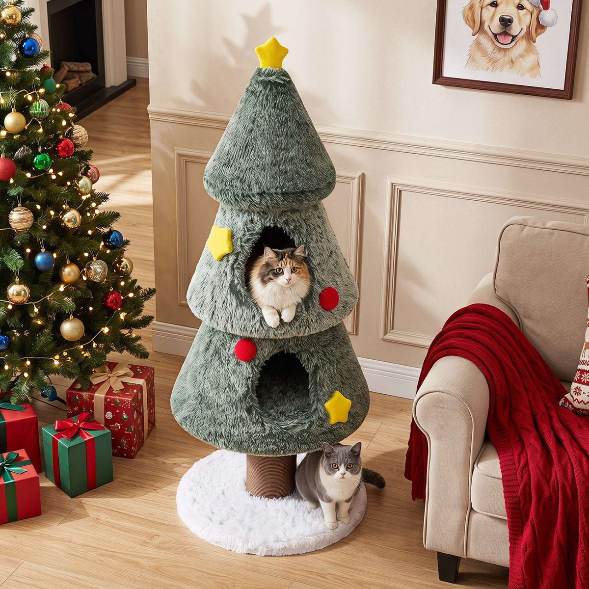 Christmas cat tree with two hideaway condos, scratching post, and plush base