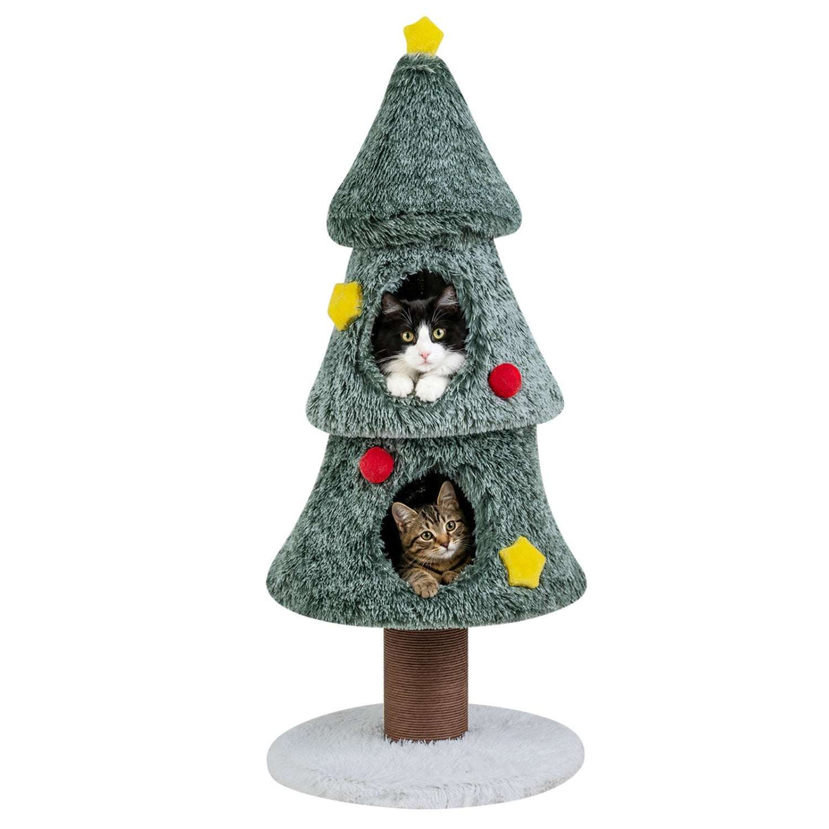 Green Christmas cat tree with two condos, red and yellow decorations, and scratching post