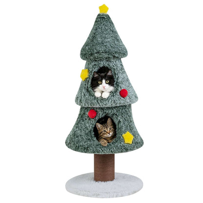 Green Christmas cat tree with two condos, red and yellow decorations, and scratching post