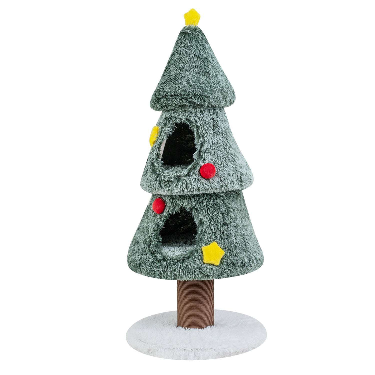 Christmas cat tree showing two empty condos, a scratching post, and plush base