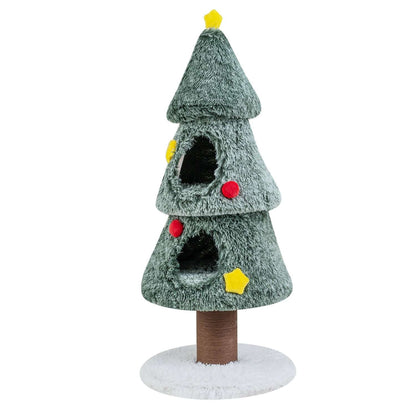 Christmas cat tree showing two empty condos, a scratching post, and plush base