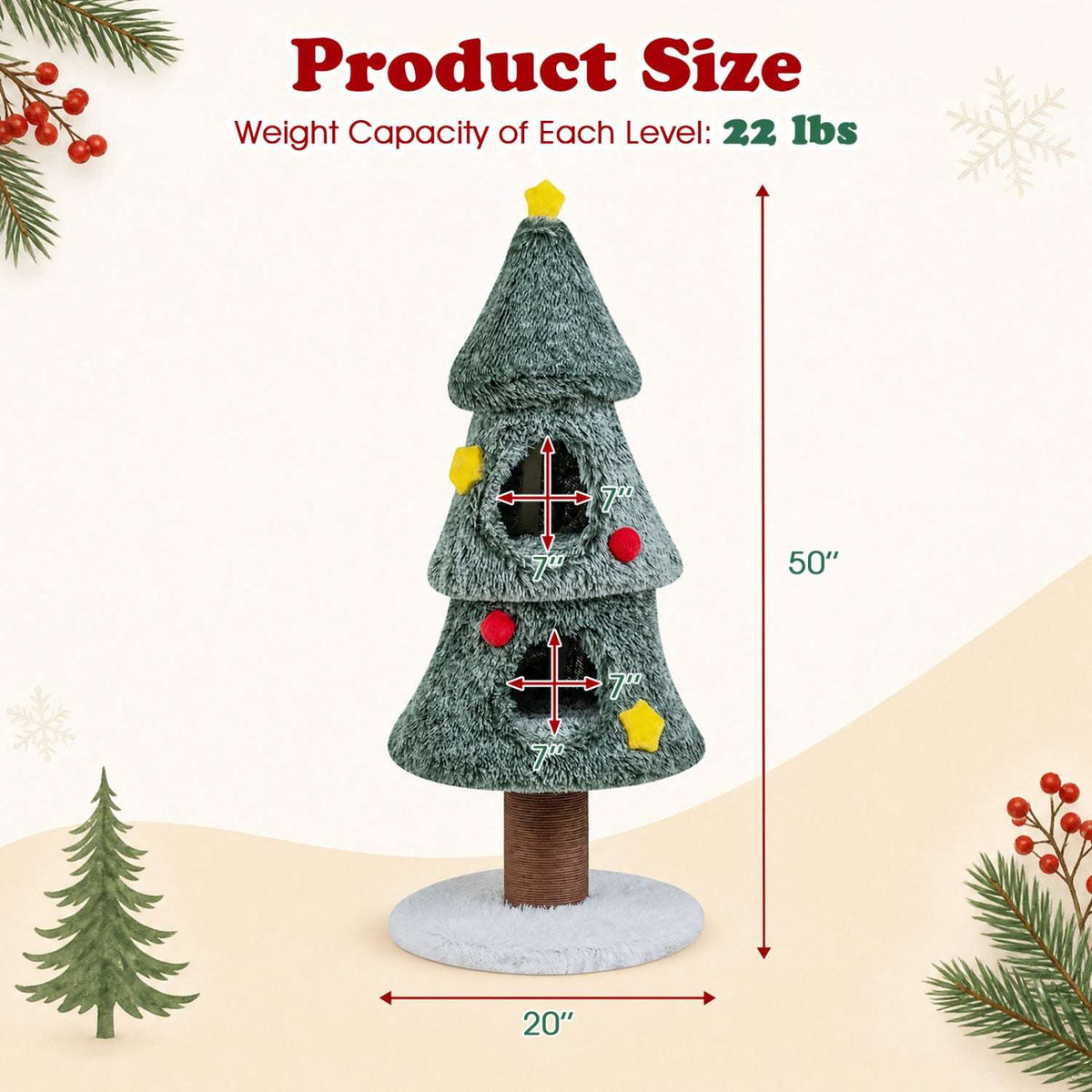 Christmas cat tree with two condos; size graphic shows 50-inch height and 20-inch base