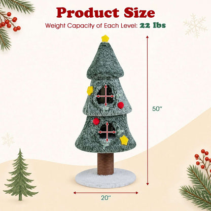 Christmas cat tree with two condos; size graphic shows 50-inch height and 20-inch base
